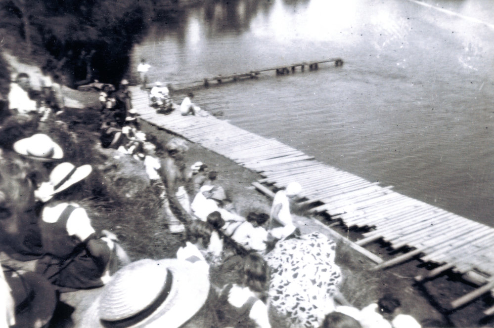 Makeshift swimming pool in Coffs Creek, mid 1950s