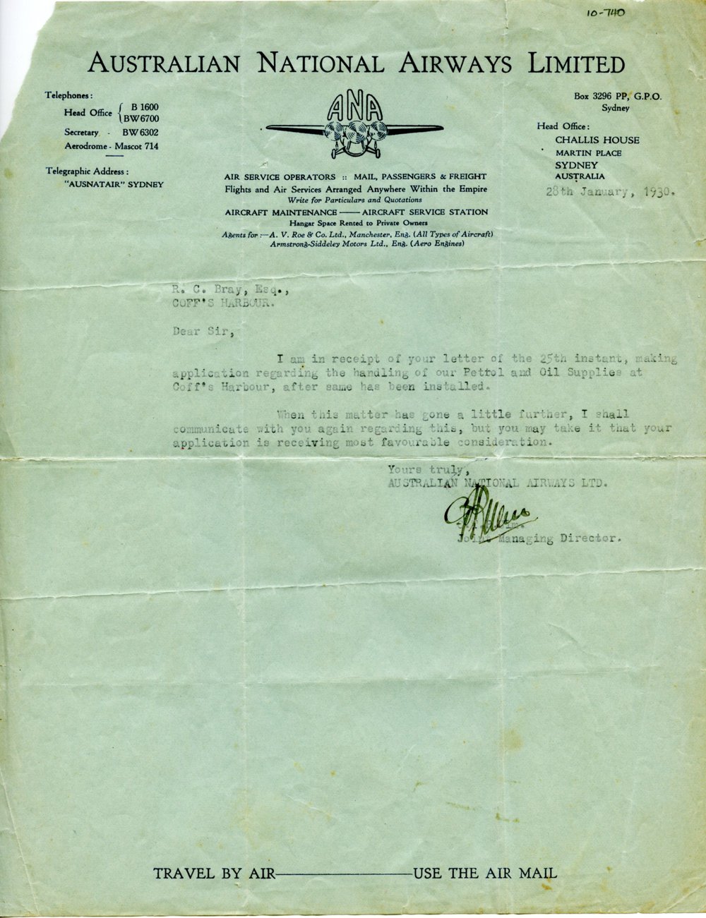 Letters from Australian National Airways to R. C. Bray, 1930