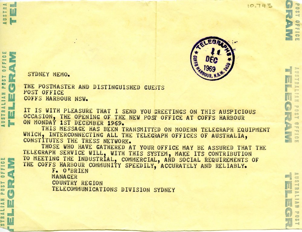 Telegram from the opening of the new Post Office in Coffs Harbour, 1 December 1969