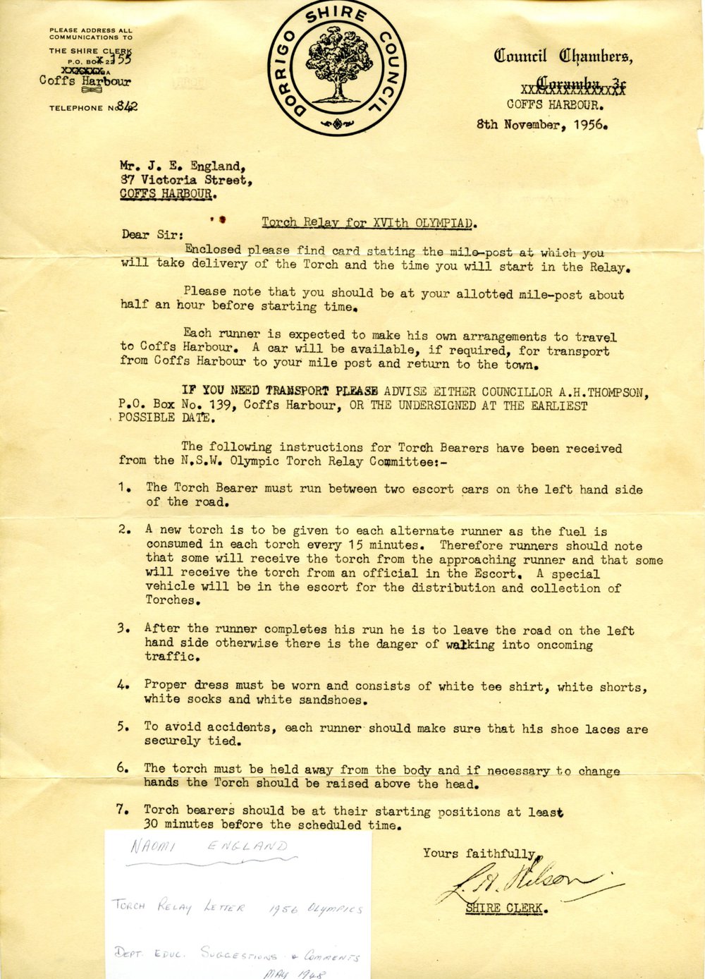 Letter containing information for Olympic torch bearers, 8 November 1956