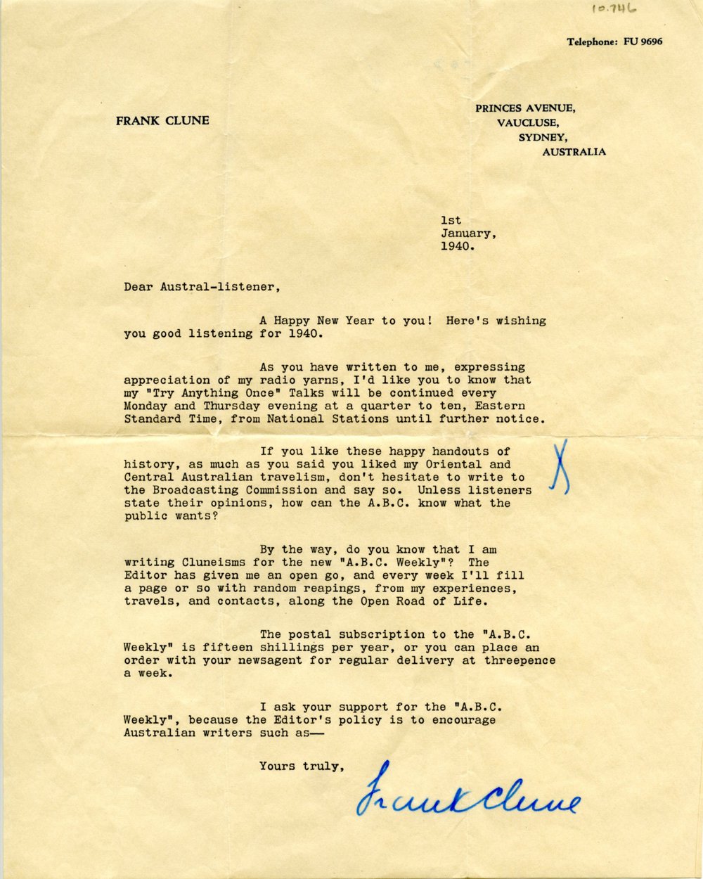 Letter from author Frank Clune, 1 January 1940