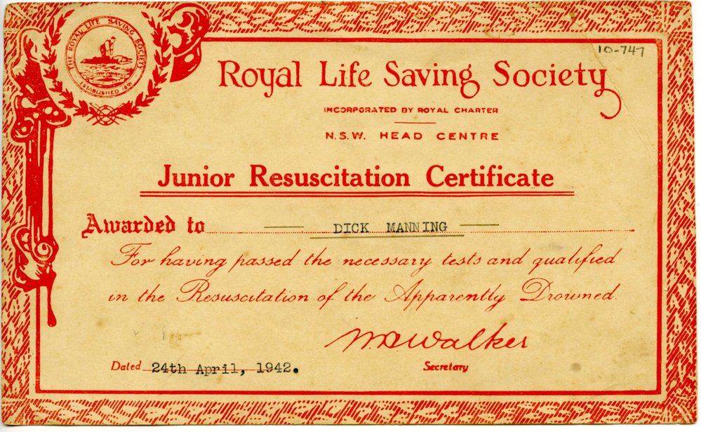 Junior Resuscitation Certificate for Dick Manning, 1942