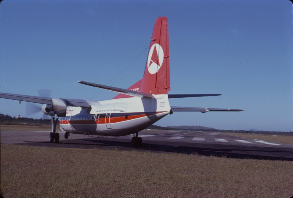 Ansett Fokker F-27 Friendship aeroplane, Coffs Harbour Airport, March 1978