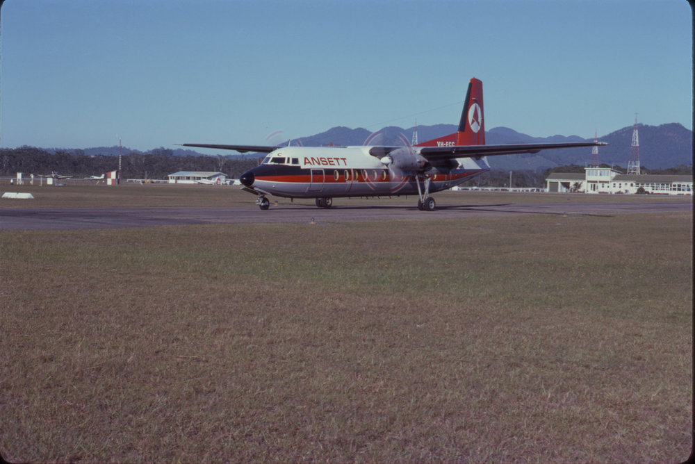 Ansett Fokker F-27 Friendship aeroplane, Coffs Harbour Airport, March 1978