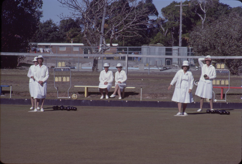 Six women playing lawn bowls, c. 1978