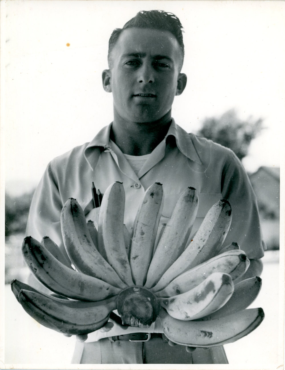A young man holds a hand of bananas, 1950s
