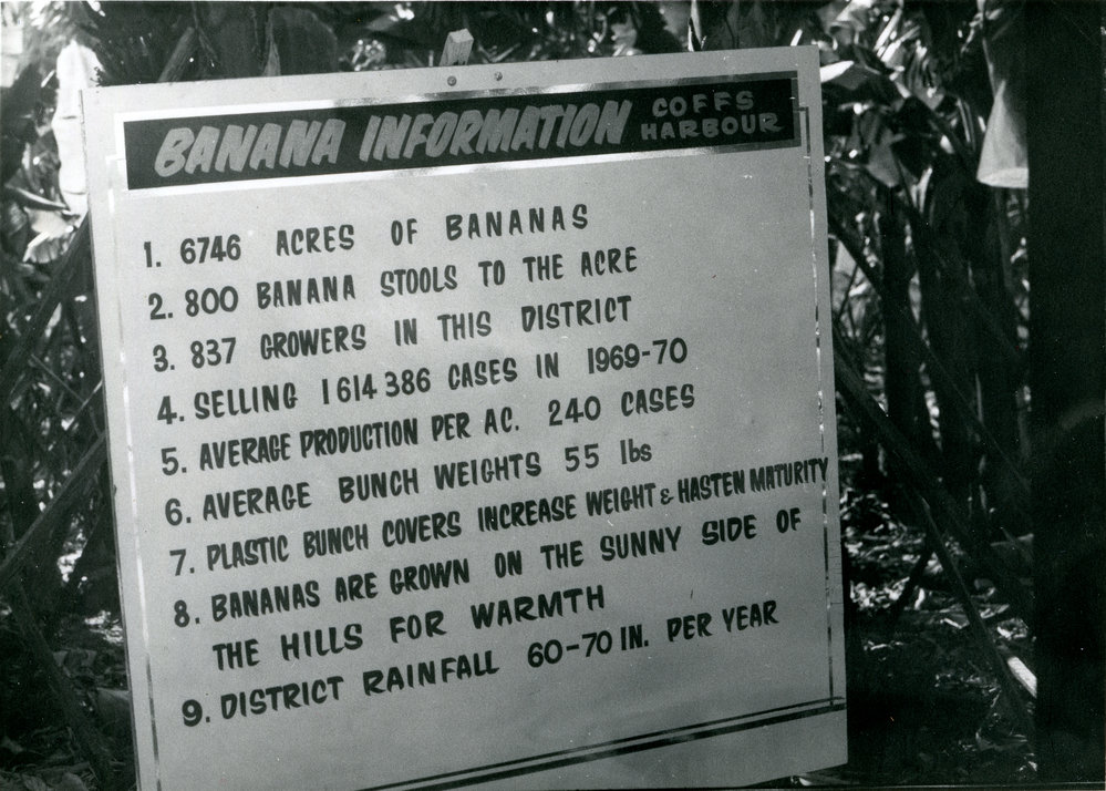 Banana information sign on Jarrett's farm at Red Hill, 1971