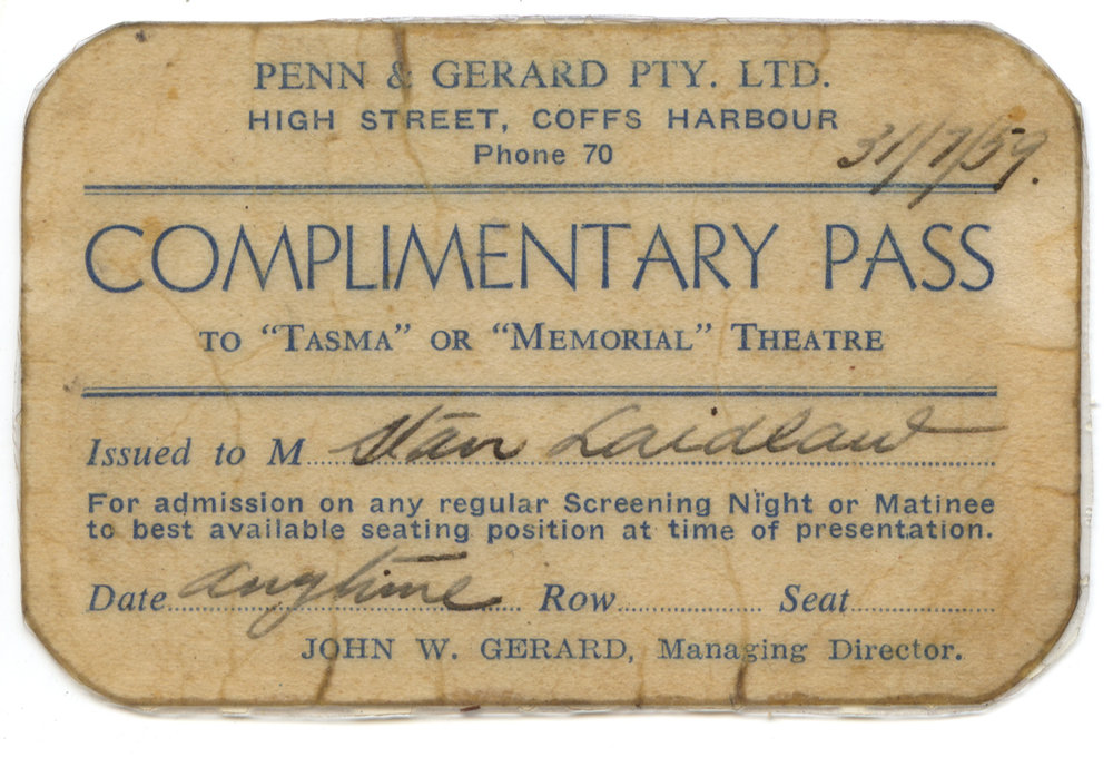 Tasma &amp; Memorial Theatre complimentary pass, 1959
