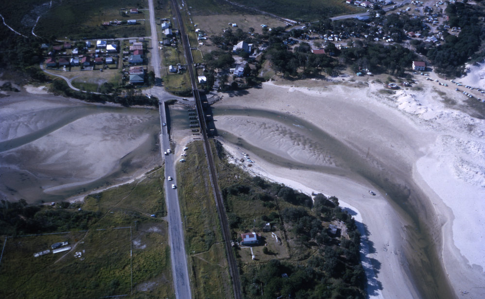 Above the road and rail bridges at Park Beach, 1965
