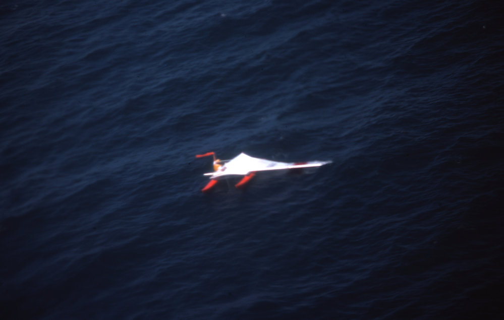 Hobie catamaran with a broken mast, 1977