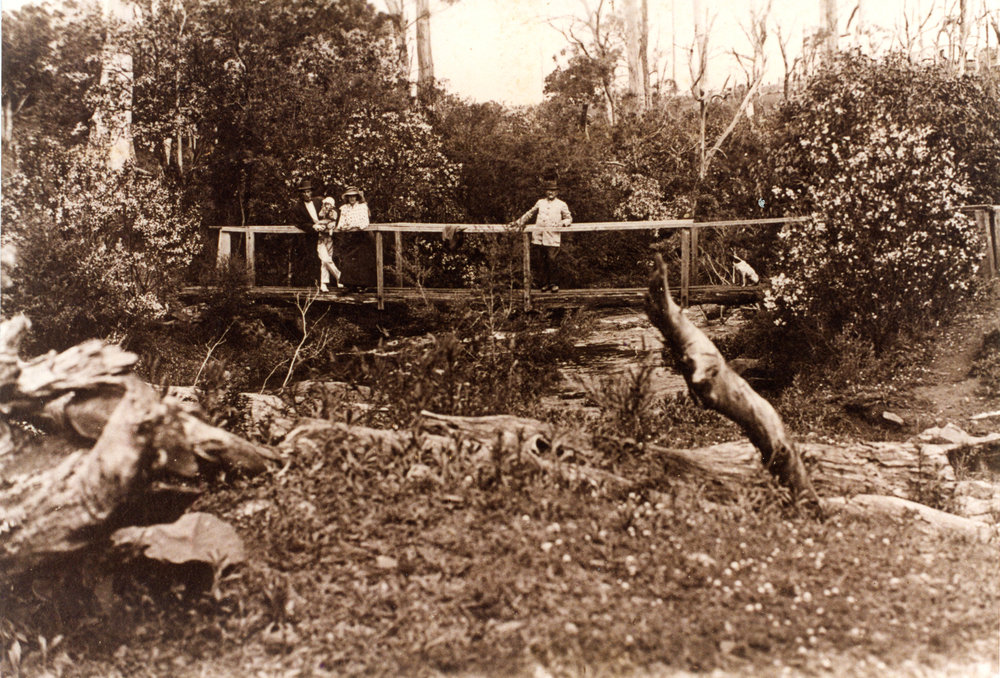 A family poses on a timber bridge
