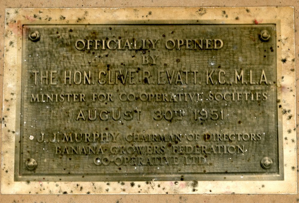 Plaque for the new Banana Growers Federation building, 30 August 1951