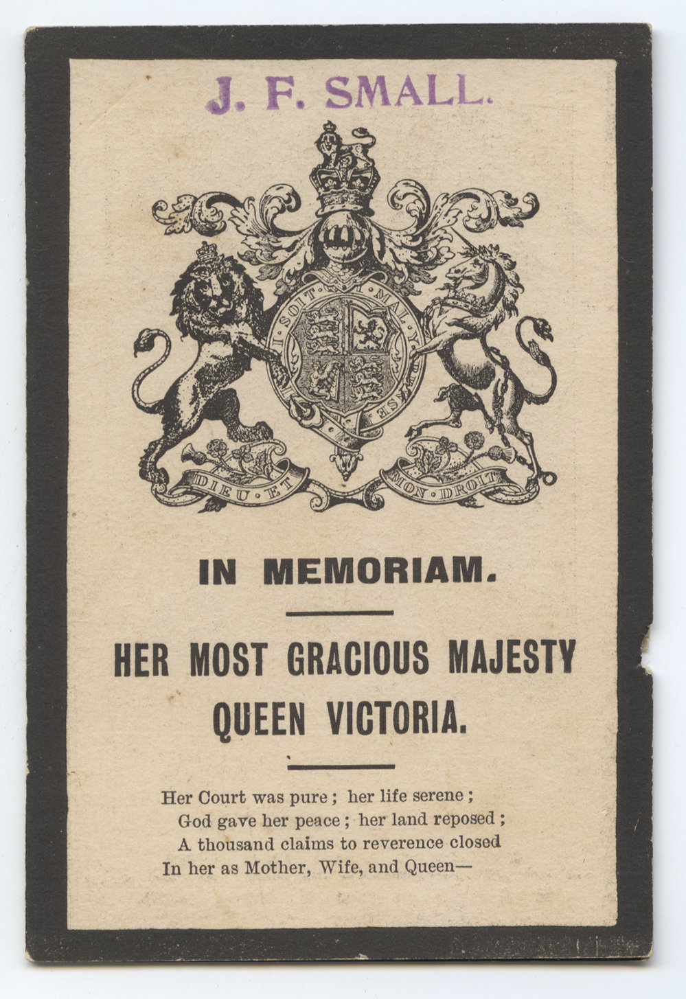 In Memoriam card for Her Most Gracious Majesty Queen Victoria