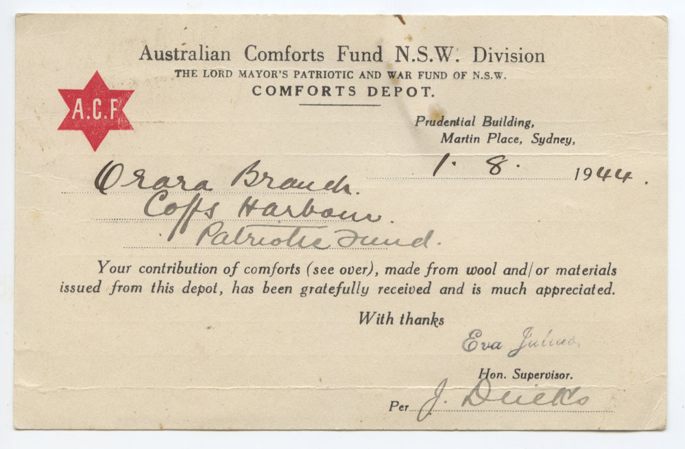 Comforts Depot thank you card, 1944