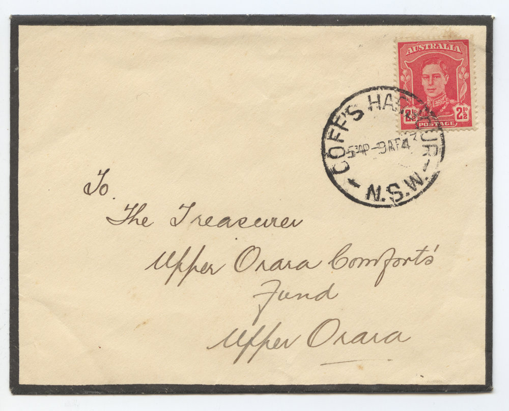 Envelope addressed to the Upper Orara Comforts' Fund