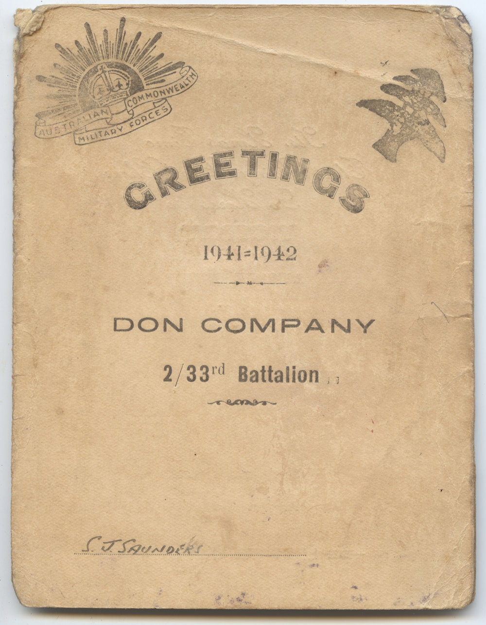 Don Company 2/33rd Battalion Menu Card, 1941 - 1942