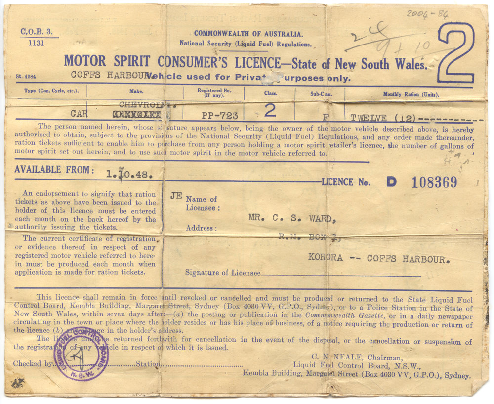 Motor Spirit Consumer's Licence, NSW, 1948
