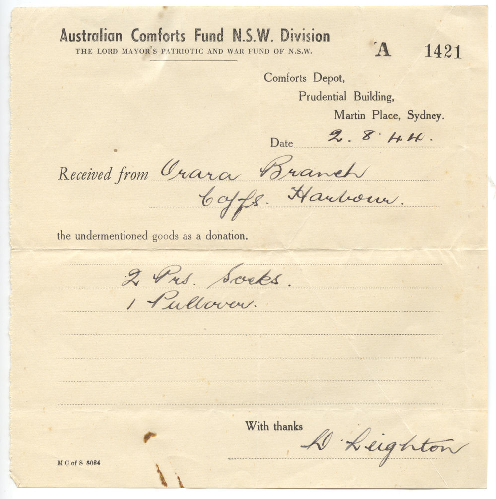 Australian Comforts Fund receipt, 2 August 1944