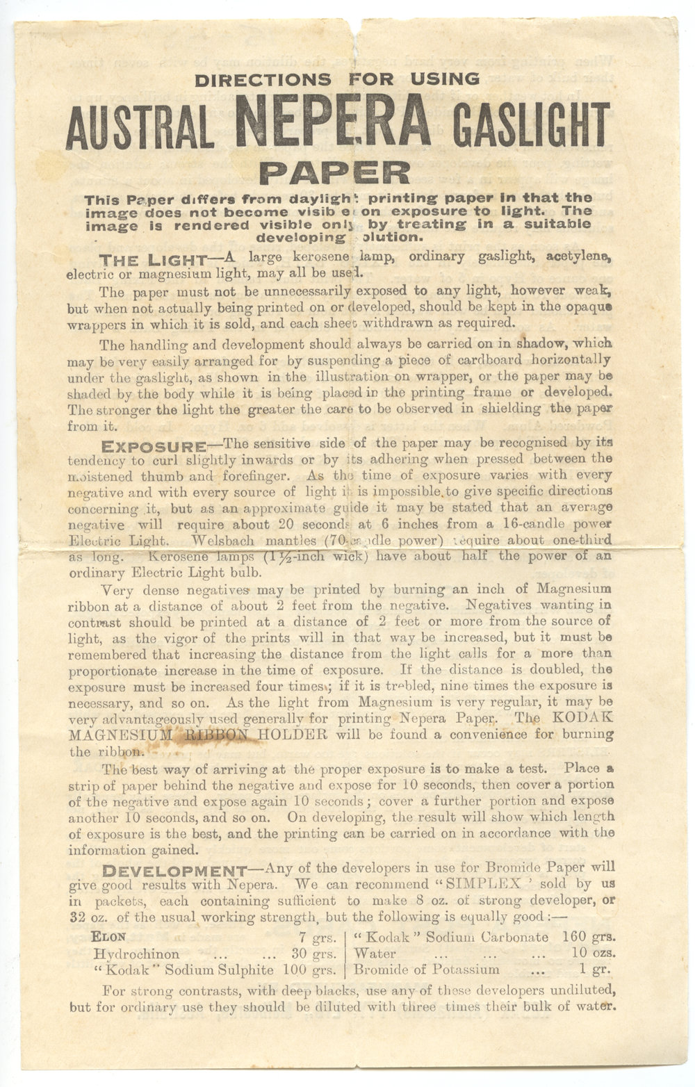 Directions of Use for Austral Nepera Gaslight Paper