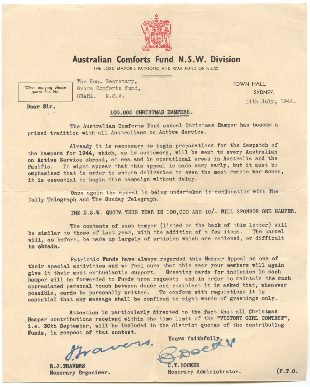 Australian Comforts Fund letter, 14 July 1944