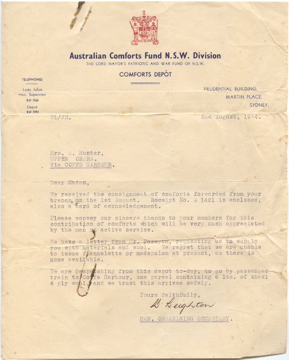 Australian Comforts Fund letter, 2 August 1944