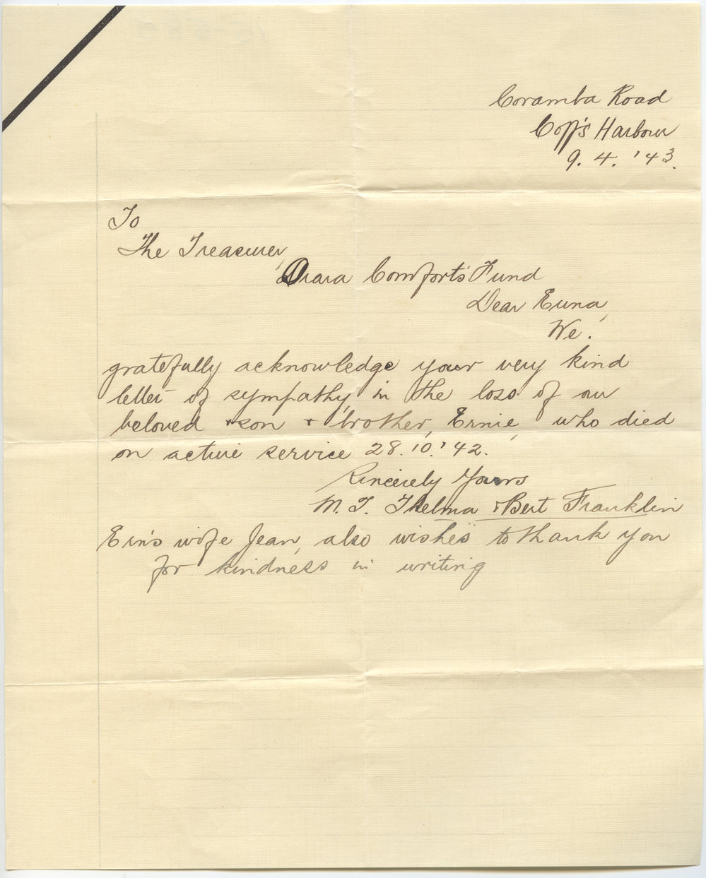 Thank You letter from the Franklin family, 9 April 1943