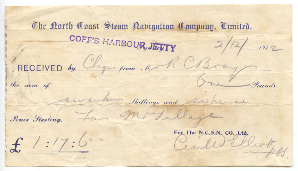 North Coast Steam Navigation Company receipt, 2 December 1912