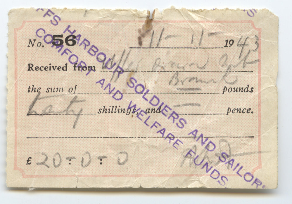 Coffs Harbour Soldiers and Sailors' Comfort and Welfare Fund receipt, 11 November 1943