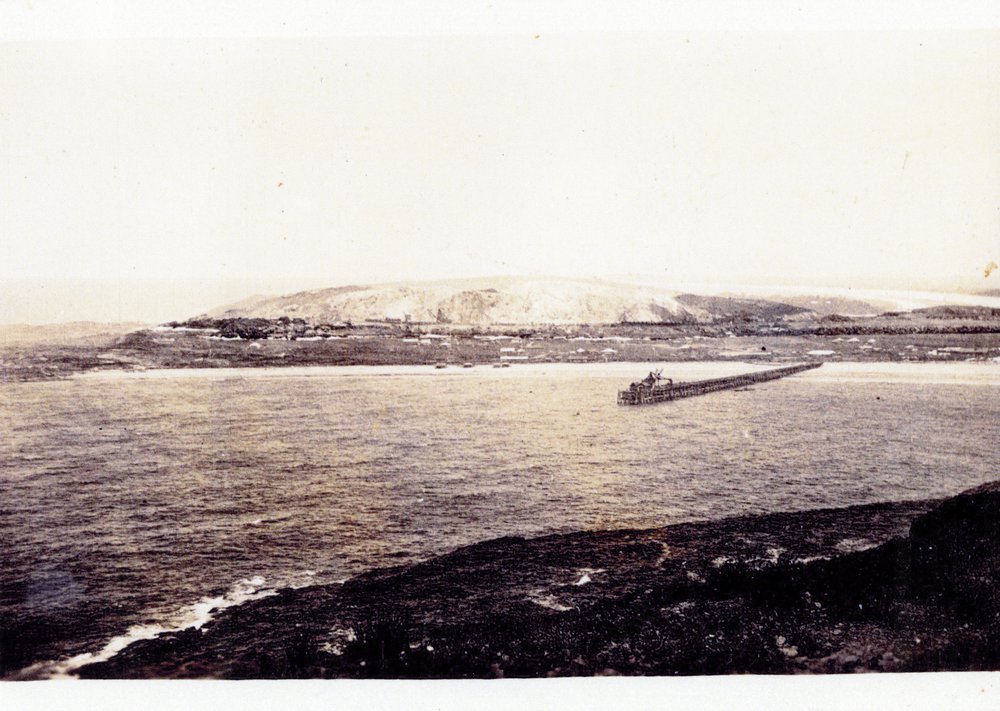 Jetty Beach and breakwall construction from Muttonbird Island, 1920s