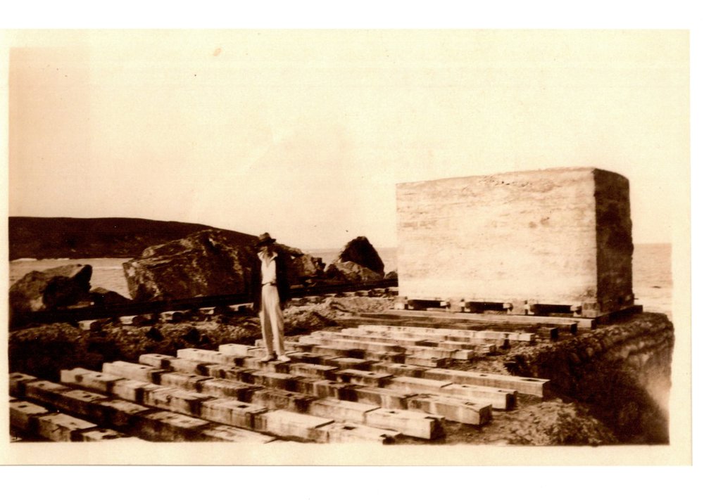 Reg Young with a 40 ton concrete block for the breakwater, 1924