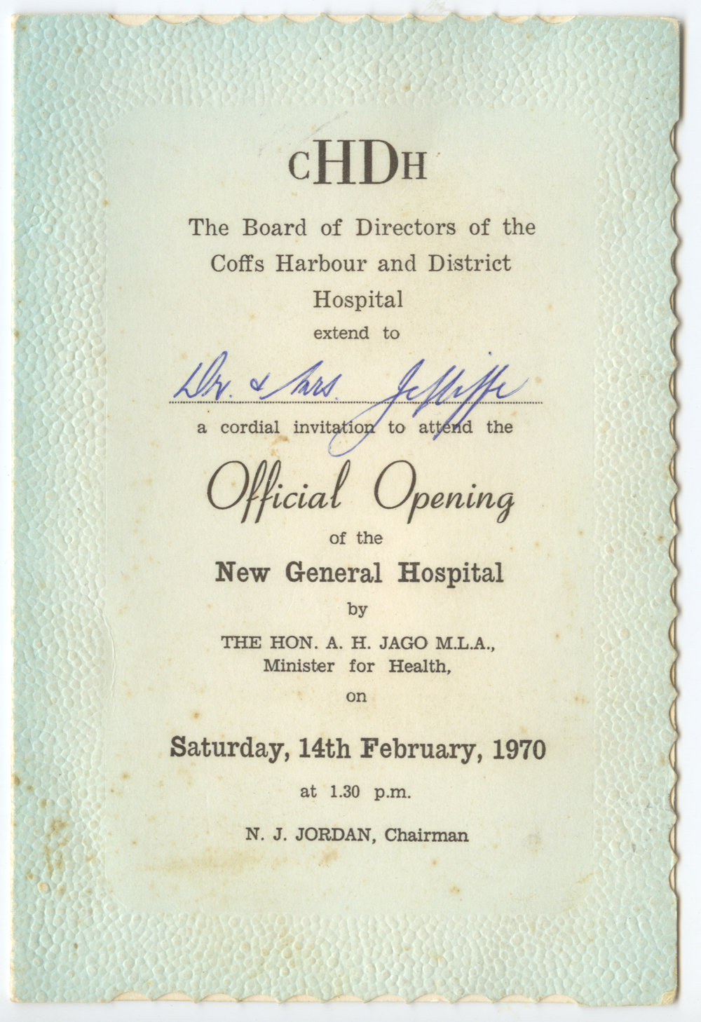 Invitation to the Official Opening of the Coffs Harbour and District Hospital, 14 February 1970