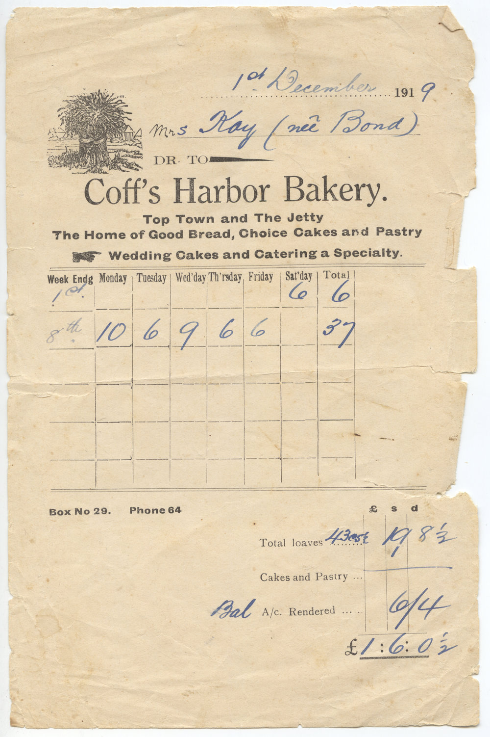 Coff's Harbor Bakery invoice, 1 December 1919