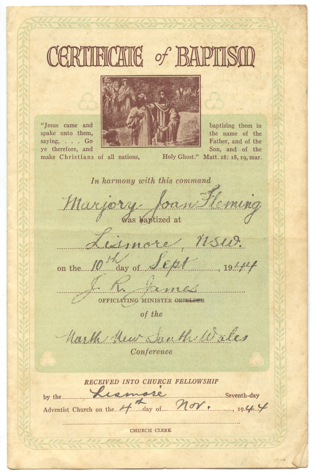 Baptismal Certificate for Marjory Jean Fleming, 10 September 1944