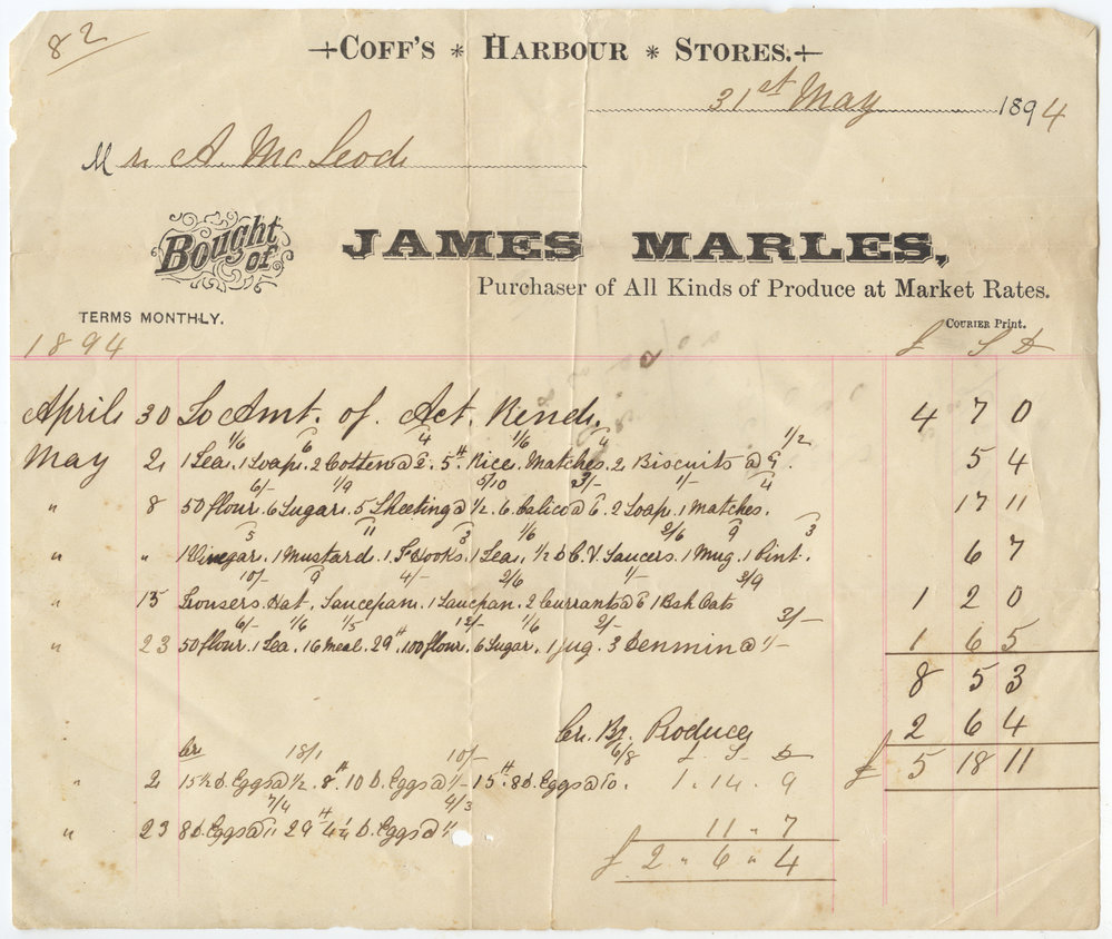 James Marles invoice, 31 May 1894