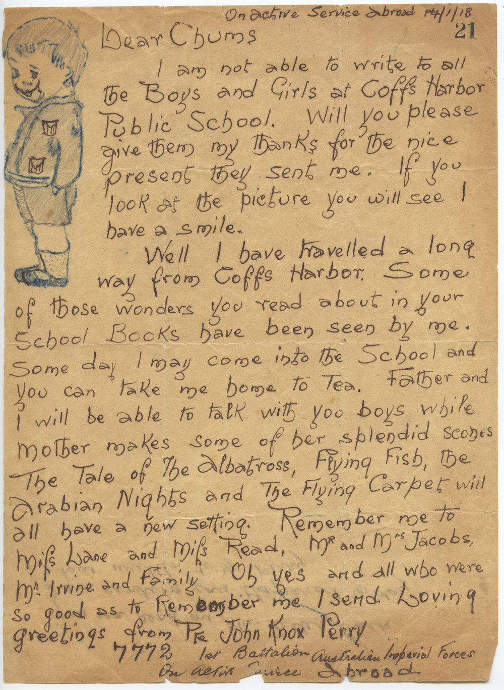 Letter from Private John Knox Perry, 14 January 1918