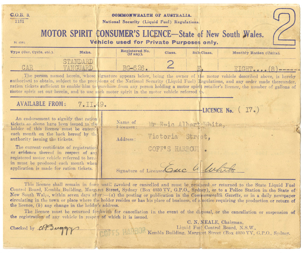 Motor Spirit Consumer's Licence, NSW, 1949