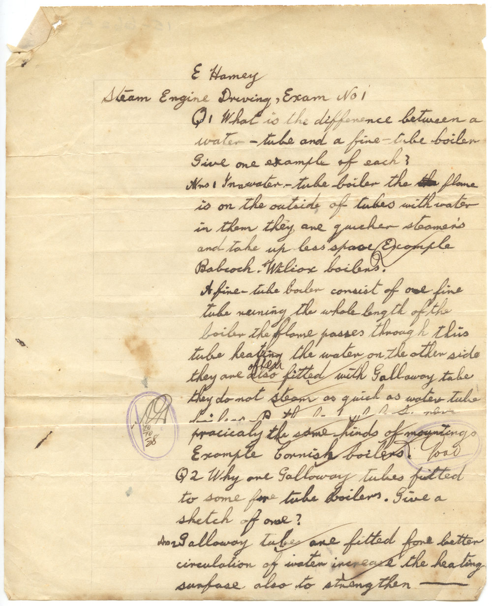 Set of Steam Engine Driving exam papers, 1928 - 1929