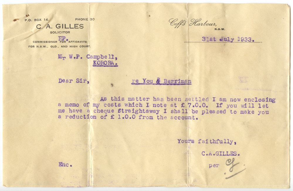 Letter and Invoice, 31 July 1933