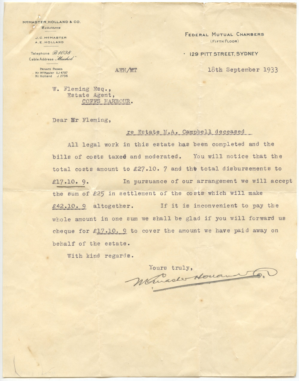 Letter and Invoice, 18 September 1933