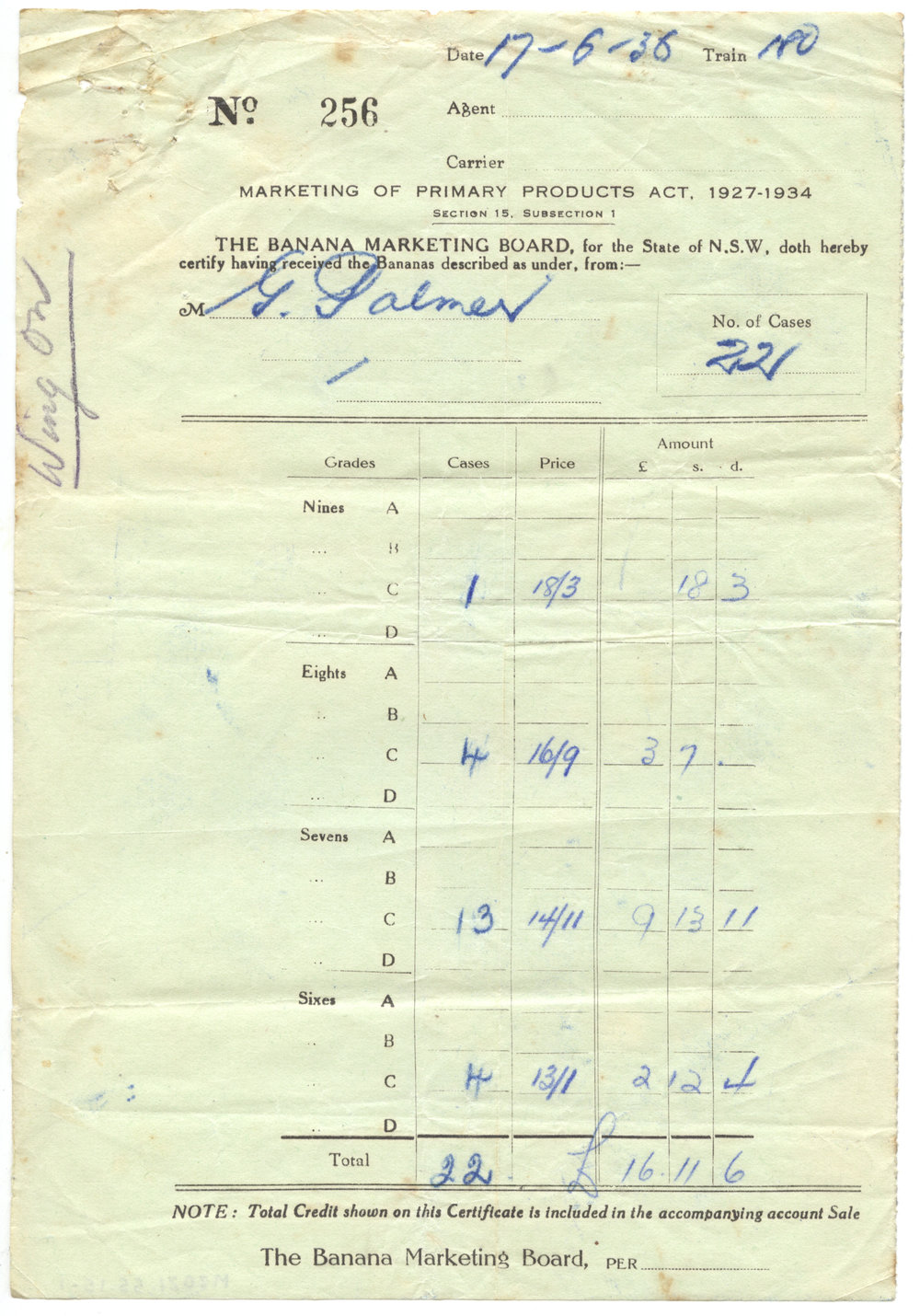 Certificate and Account Sales, 17 June 1936