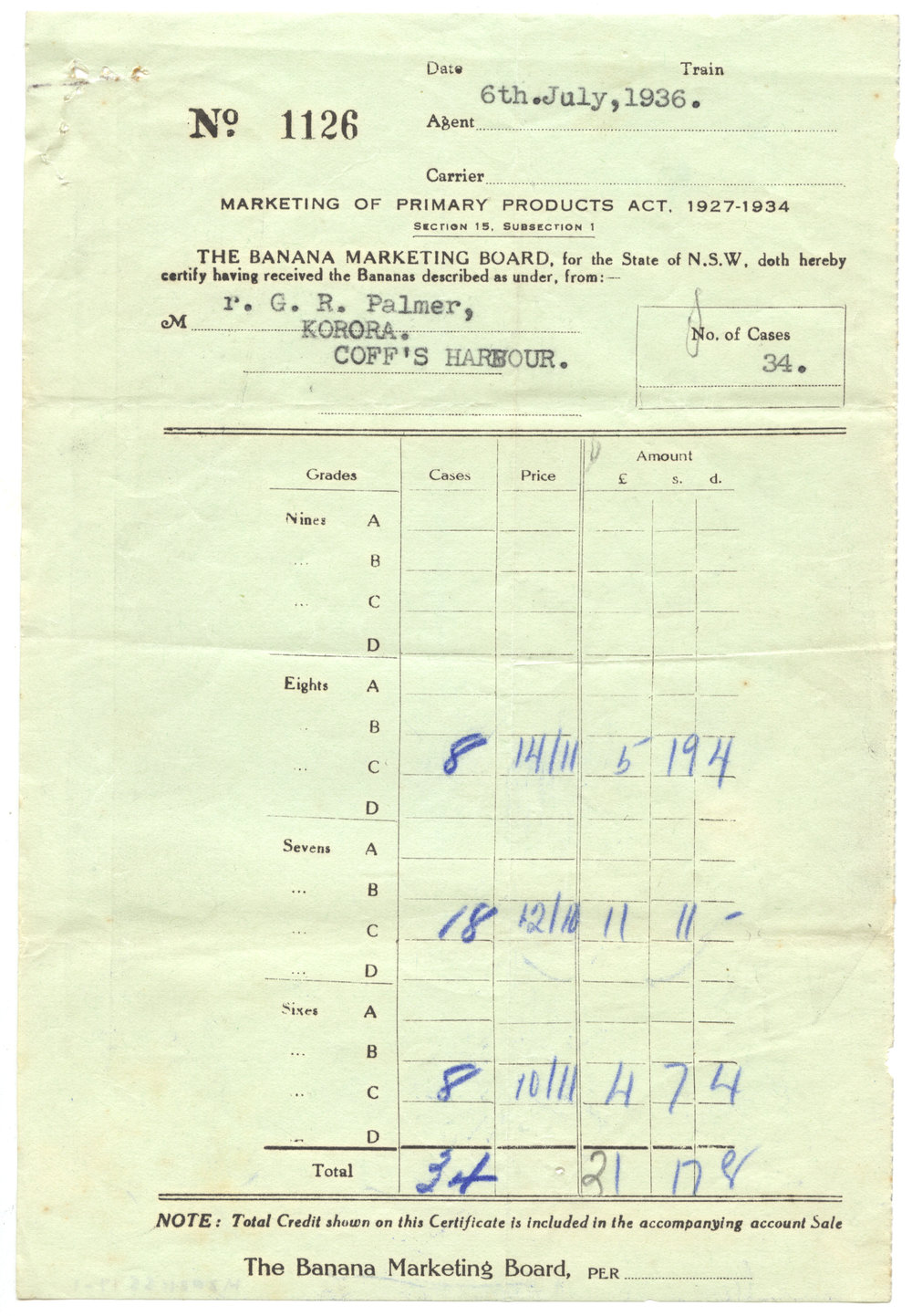 Certificate and Account Sales, 6 July 1936