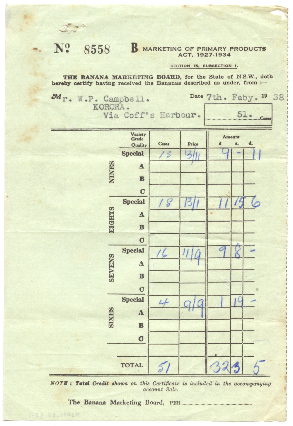 Certificate and Account Sales, 7 February 1938