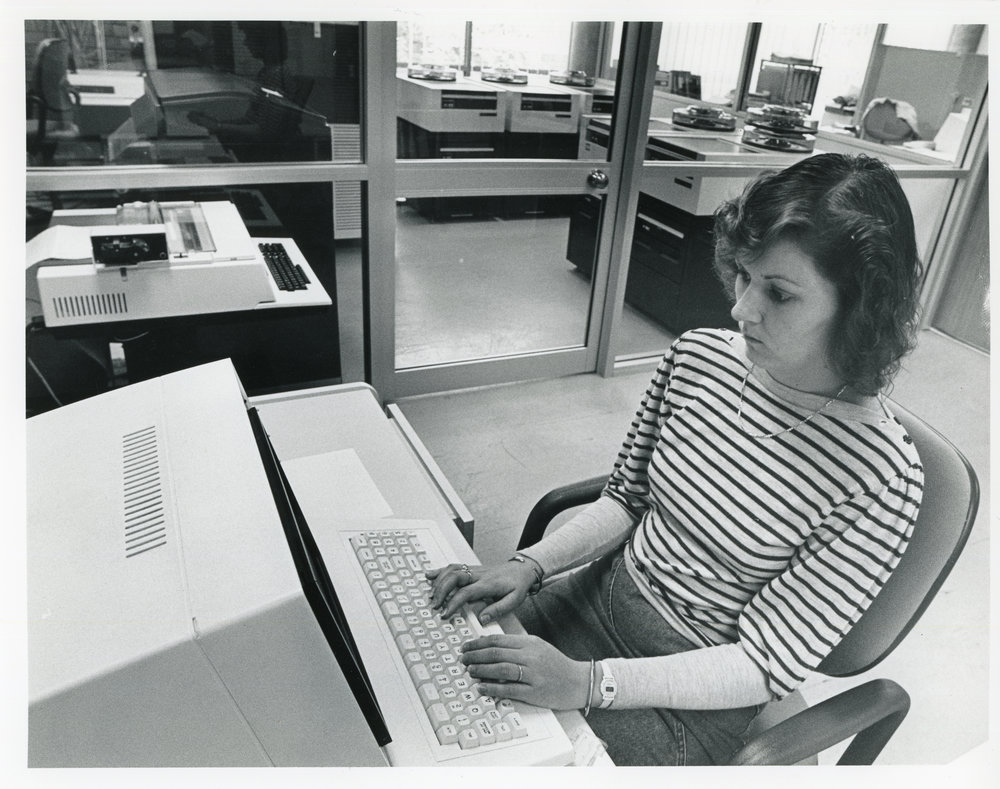 Leanne in the Council Computer Room, 15 August 1988