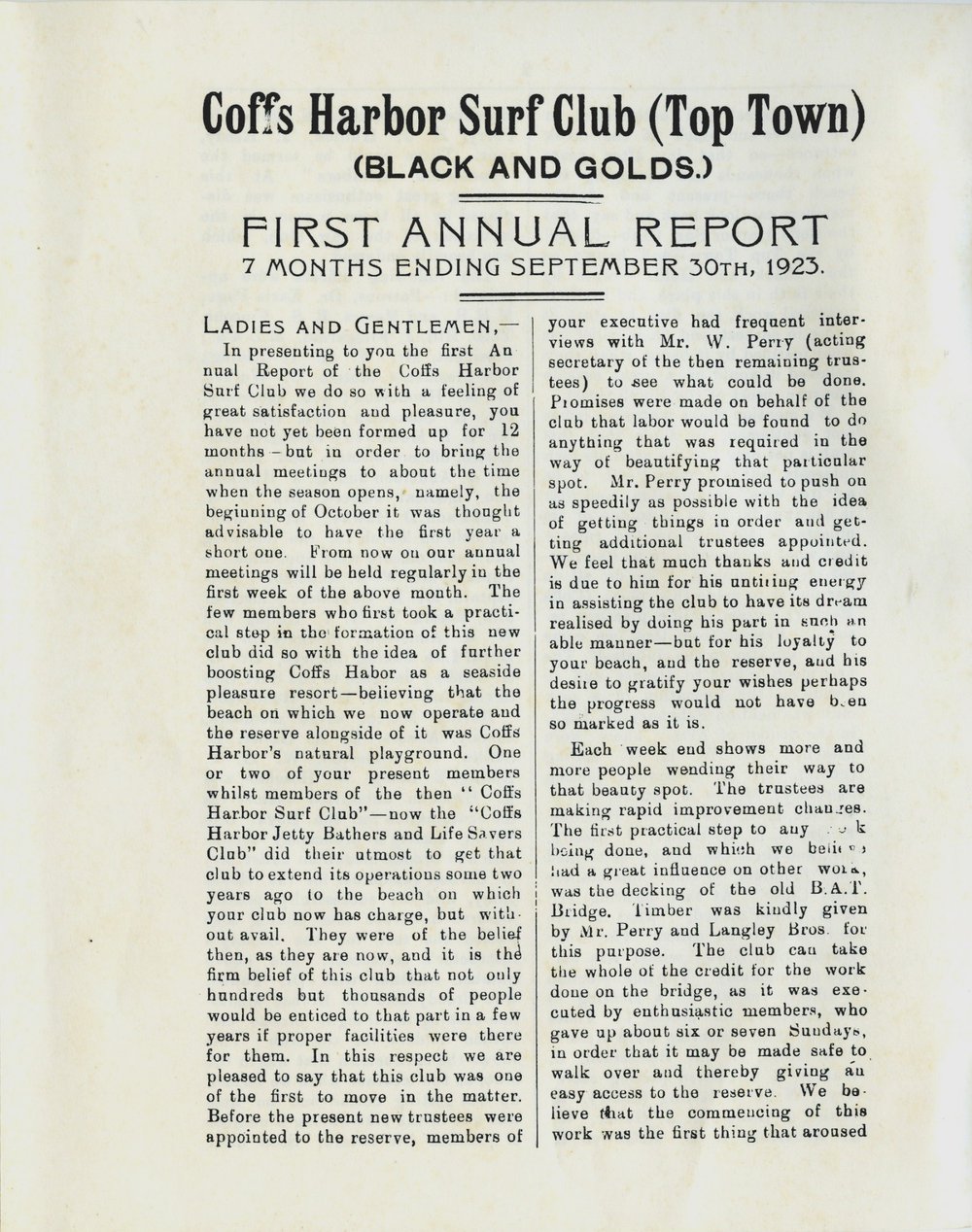 First Annual Report for the Coffs Harbour Surf Club, 1923