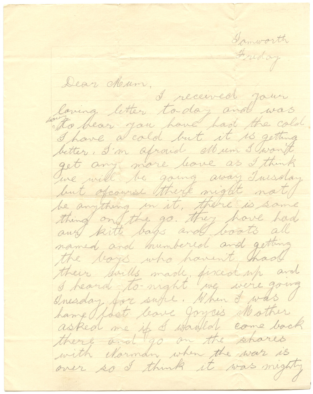 Letter from Pte. S. J. Short, c. 1941 - 1942