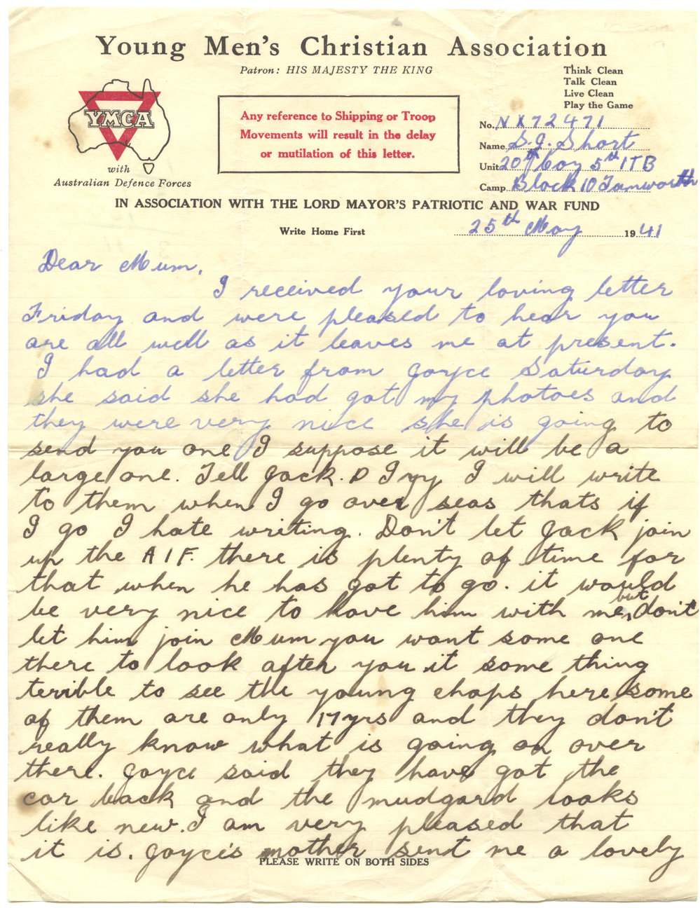 Letter from Pte. S. J. Short, 25 May 1941