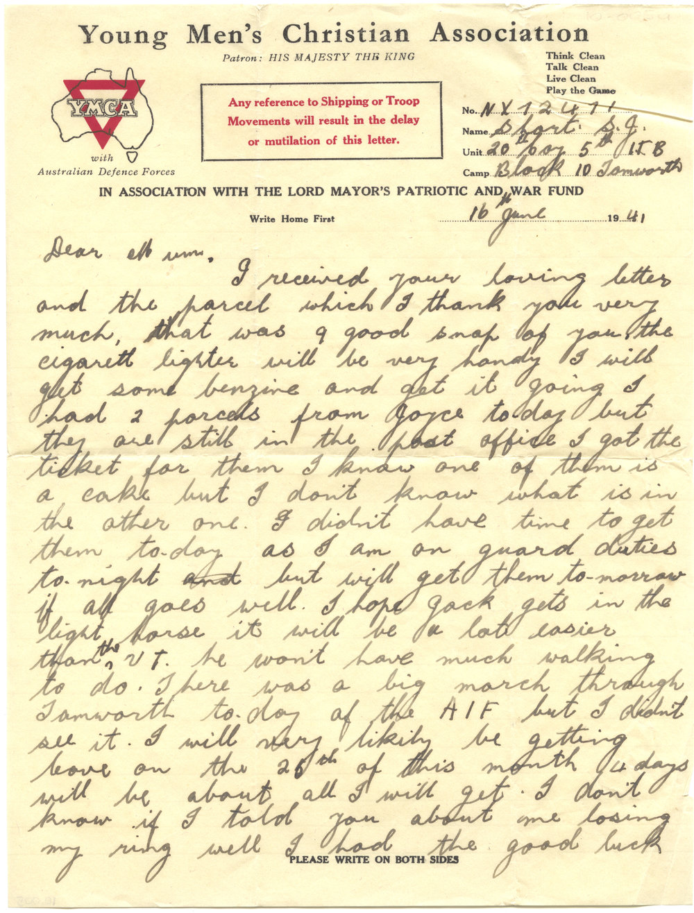 Letter from Pte. S. J. Short, 16 June 1941