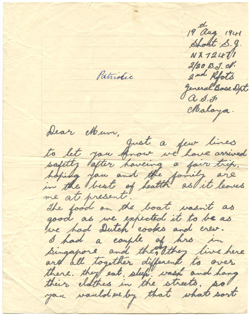 Letter from Pte. S. J. Short, 19 August 1941