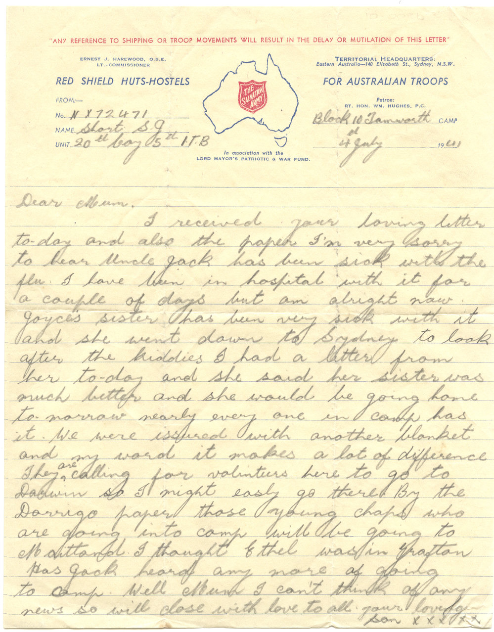 Letter from Pte. S. J. Short, 4 July 1941