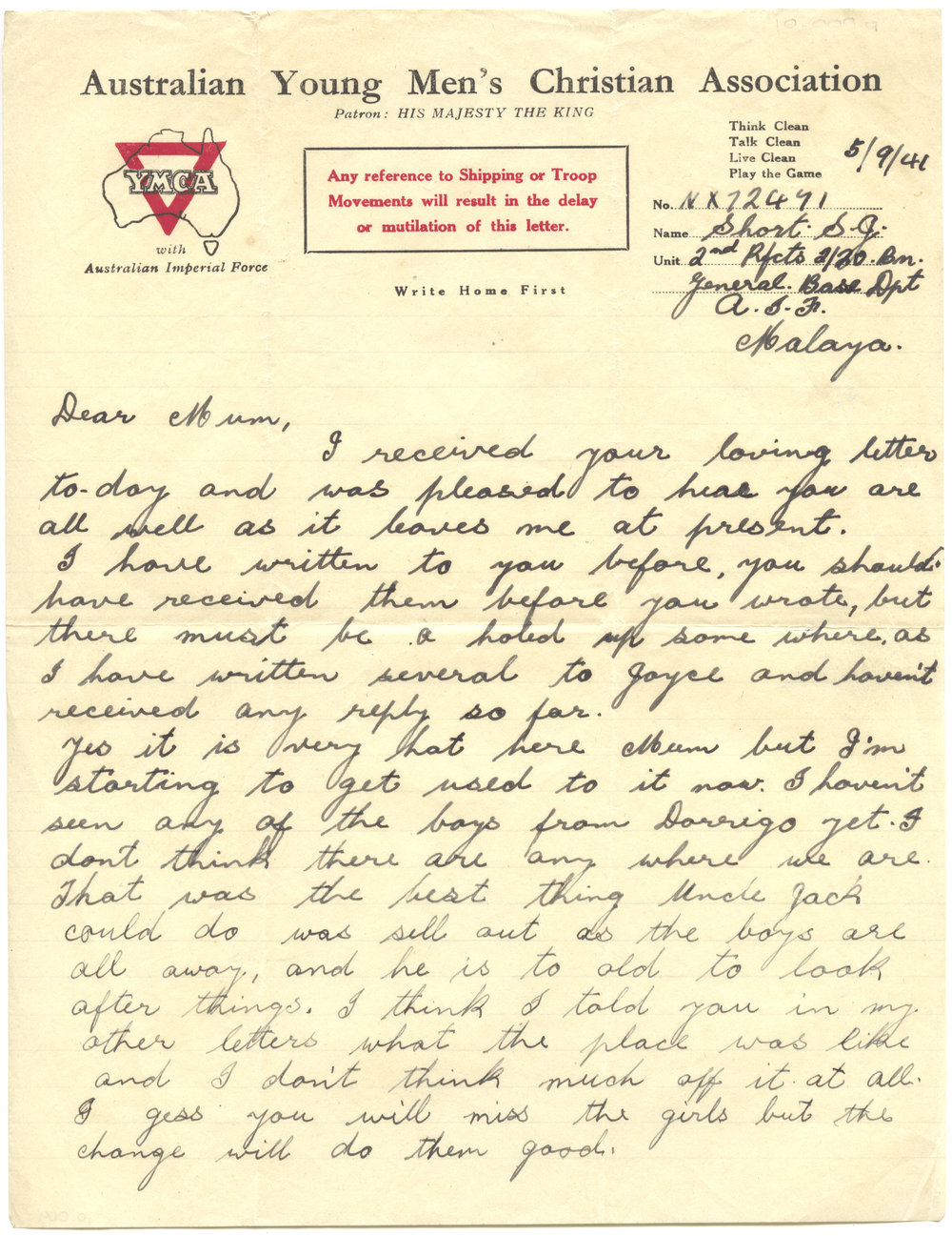 Letter from Pte. S. J. Short, 5 September 1941